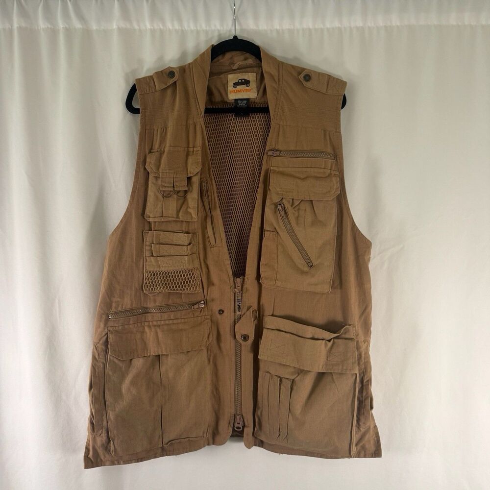 Humvee Vest Men's Large Brown Zip Mesh Utility Pockets 100% Cotton Sleeveless